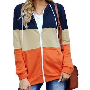 BLUE TAN ORANGE COLOR BLOCK FULL ZIP DRAWSTRING HOODIE SIZE XL 16-18
